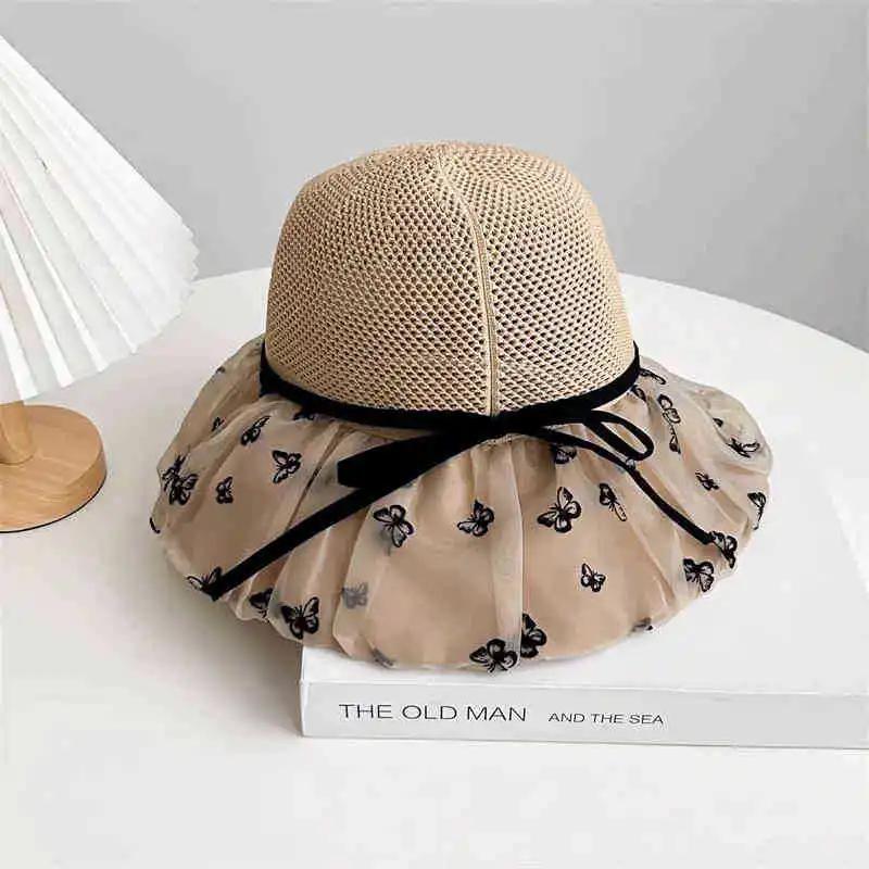 Korean Style Sun Hat - Oversized Brim Fisherman Cap with Sheer Bow, Women s Summer UV Protection  Beach Chic 56-58cm хаки