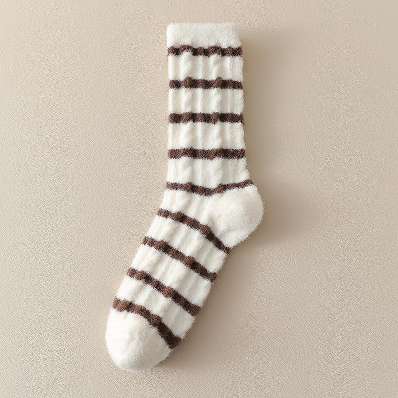 Female Autumn and Winter Thickened Soft Waxy Warm Stripe Home Sleep Tube Socks