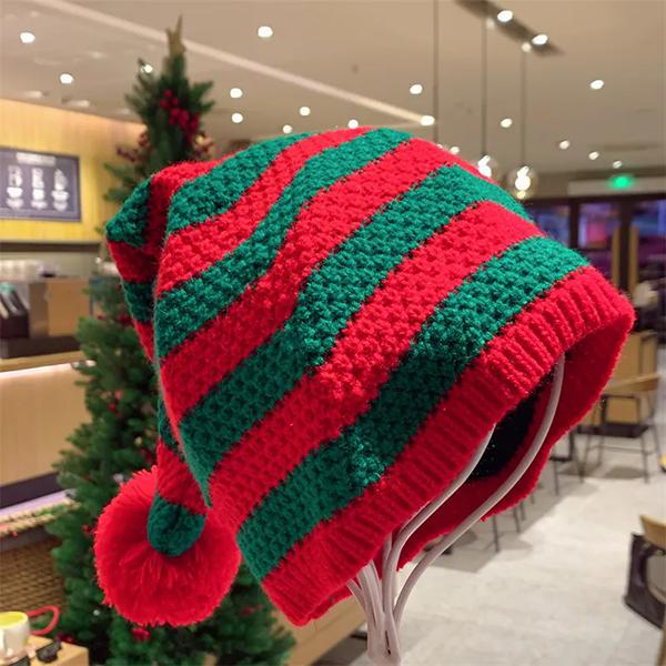 WTEMPO Adult Christmas Decorative Bell Hats Gifts Striped Warm Knitted Red Woolen Hats Elastic Windproof Cold-proof Couple Christmas Hats