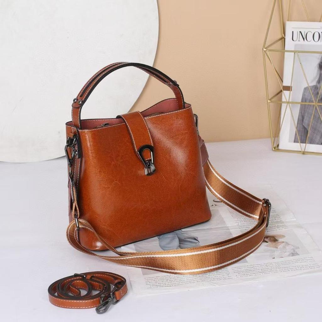 Korean Style Genuine Leather Double Strap Crossbody Bucket Bag