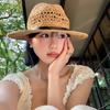 Retro old money wind flat top straw hat women's summer hollow sunshade sunscreen hat seaside beach vacation straw sun hat