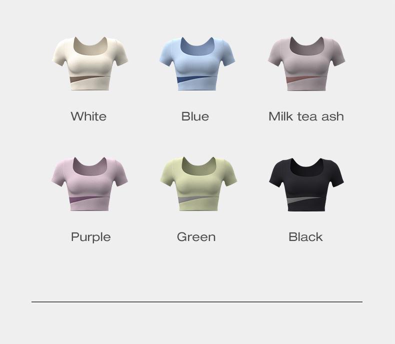 Juyitang Women's Yoga Set: Nude Navel-Baring Short Sleeve with Chest Pads, Color-Matched Fitness Wear.