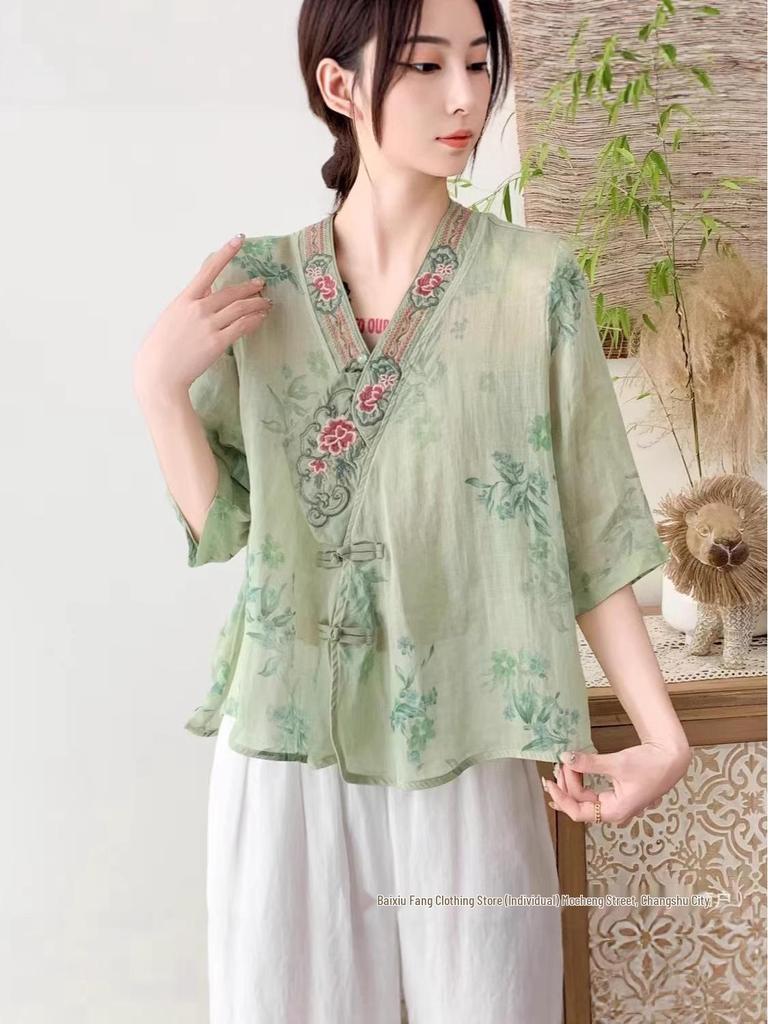 2026 Summer Women's V-Neck Retro Chinese-Style Ramie Shirt with Frog Buttons and Embroidered Prints