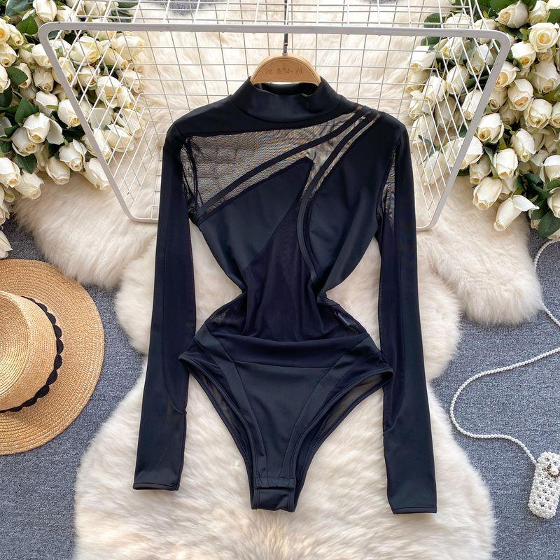 

Fashion Jumpsuit Women s Stylish Asymmetrical Sheer Mesh Slim Fit Patchwork Long Sleeves Bottoming Shirt Fashionable Jumpsuit Black L