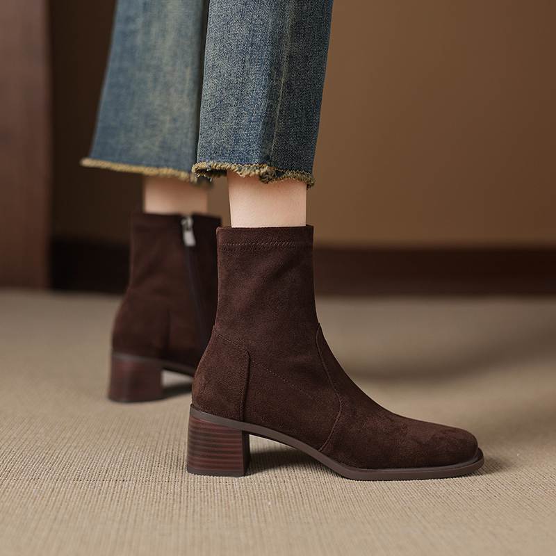 Krazing Pot Flock Round Toe Thick Heels Chelsea Boots Size 42 Zip Women Concise Style Elastic Ankle Boots