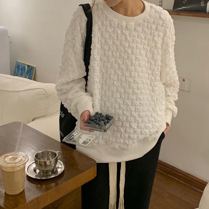 Korean Jacquard Pleated Pullover Hoodie - Autumn/Winter 2023 Chic Casual Soft Thick Top