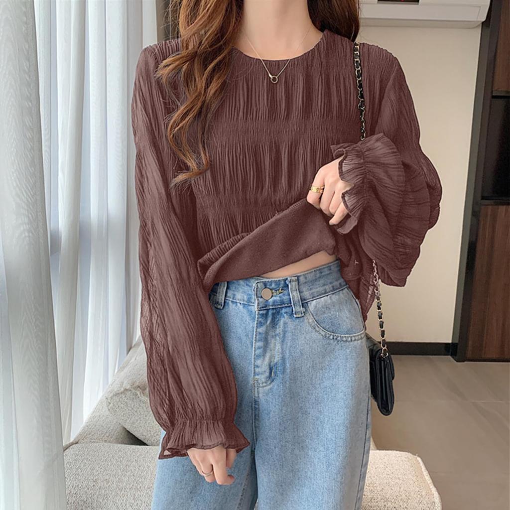 [SYitong] Shirt Blouse, Gathered Shirring Long Sleeve Chiffon Blouse, Lined, Sheer Sleeves, Lightweight Look, Frilled Shirt, Slimming Effect, Figure-F