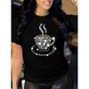 Damen lebendiger Kaffee-Grafikdruck Rundhals Kurzarm T-Shirt Weich Atmungsaktiv Bequem Lässig Frühling Sommer Oberteil