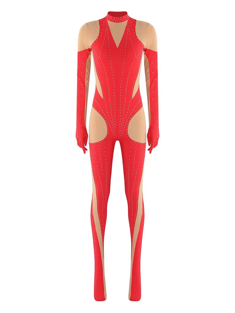 Unitard Lucios cu Strass-uri pentru Gimnastică Feminină, cu Mâneci Lungi și Mănuși, cu Picior, Culoare Contrastantă, Body pentru Patinaj Artistic