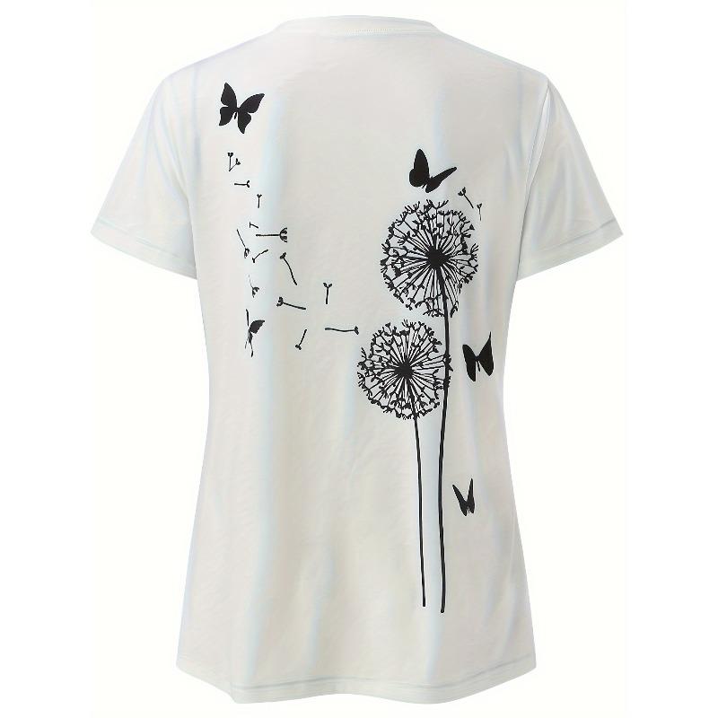 European sizes Dandelion & Butterfly Print T-Shirt, Casual Crew Neck Short Sleeve Top For Spring & Summer, Women's Clothing