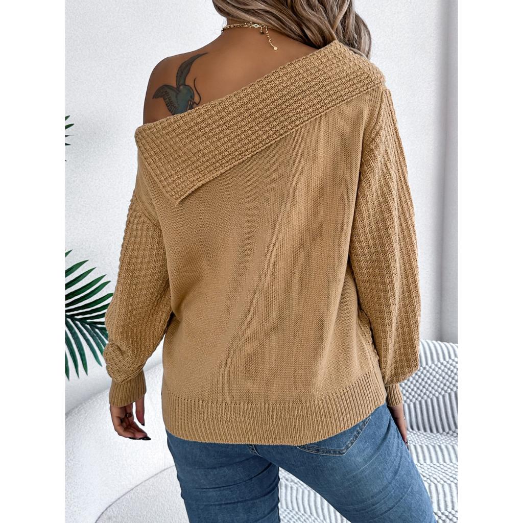 GMXIA Autumn and Winter Casual and Sexy Lapel Off-the-shoulder Brined Long-sleeved Pullover Sweater for Women