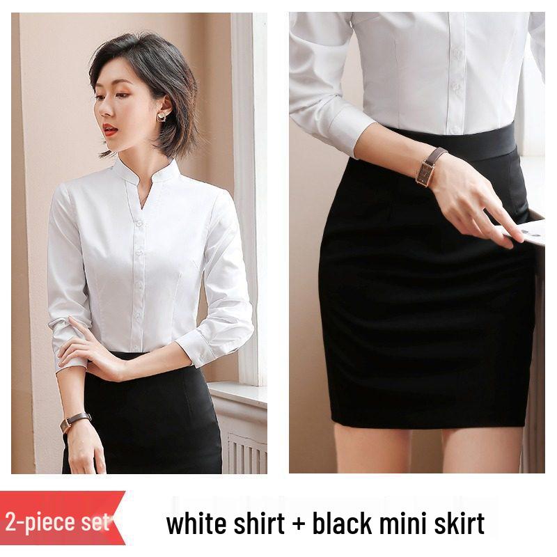 Women's Black Slim-Fit Professional Long-Sleeve Stand-Up Collar Shirt - New 2026 Business Formal Wear