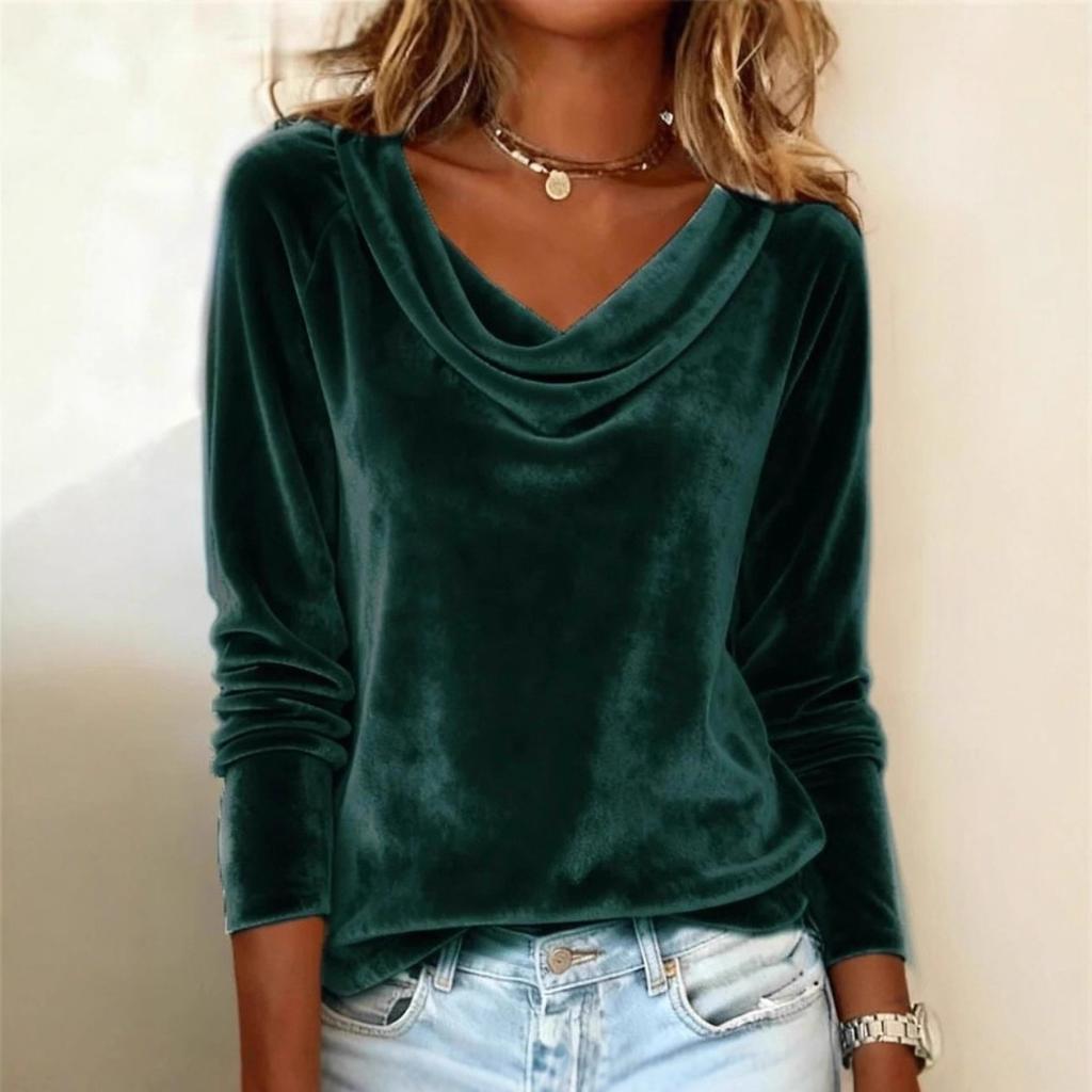 Women's Solid Color Velvet Long Sleeve T-shirt, Sexy Cowl Neck Casual Top