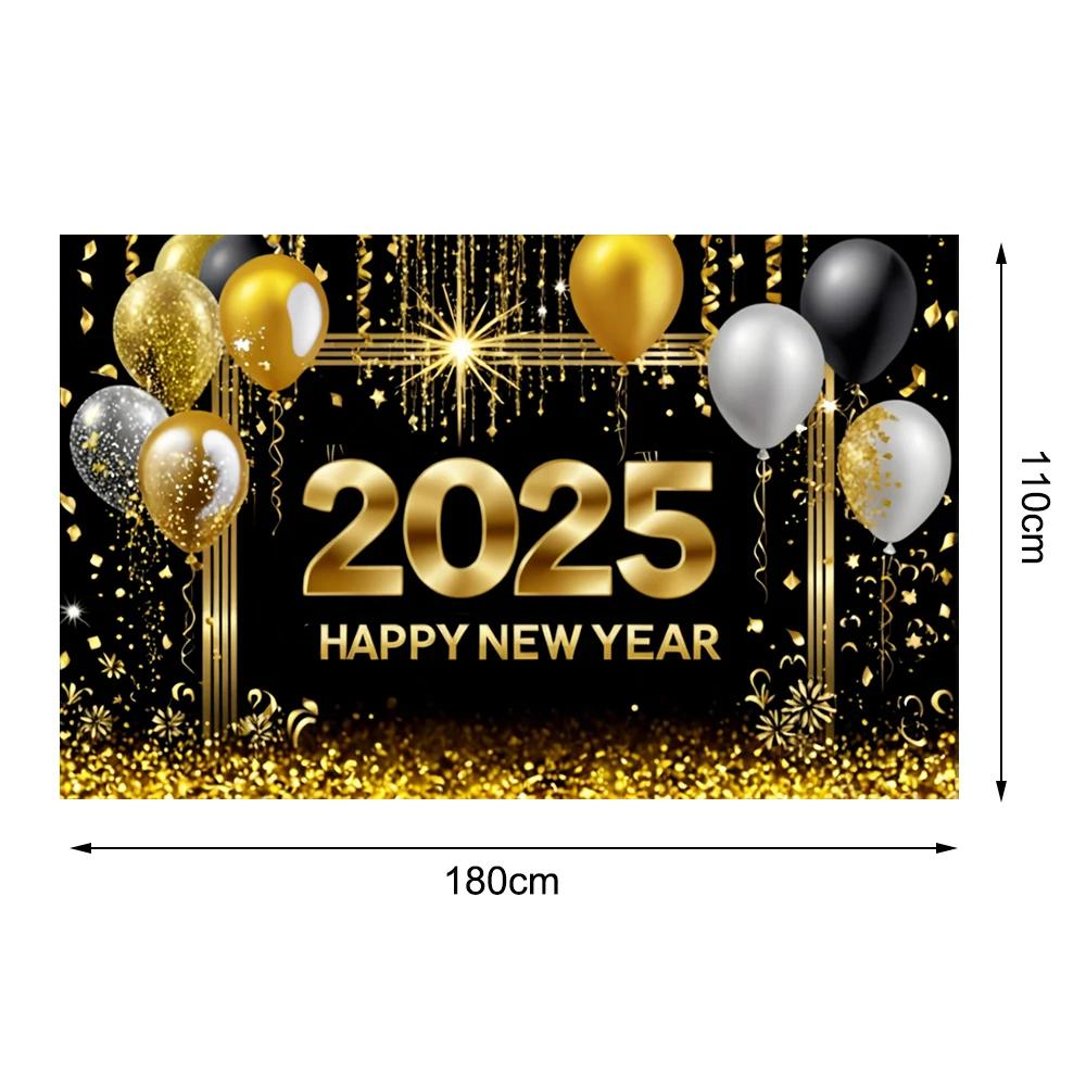 

2025 Банер З Новим Роком Тематичний фон для вечірки Новий рік Чорно-золота повітряна куля Прикраса для сімейної вечірки Фотофон Поставка