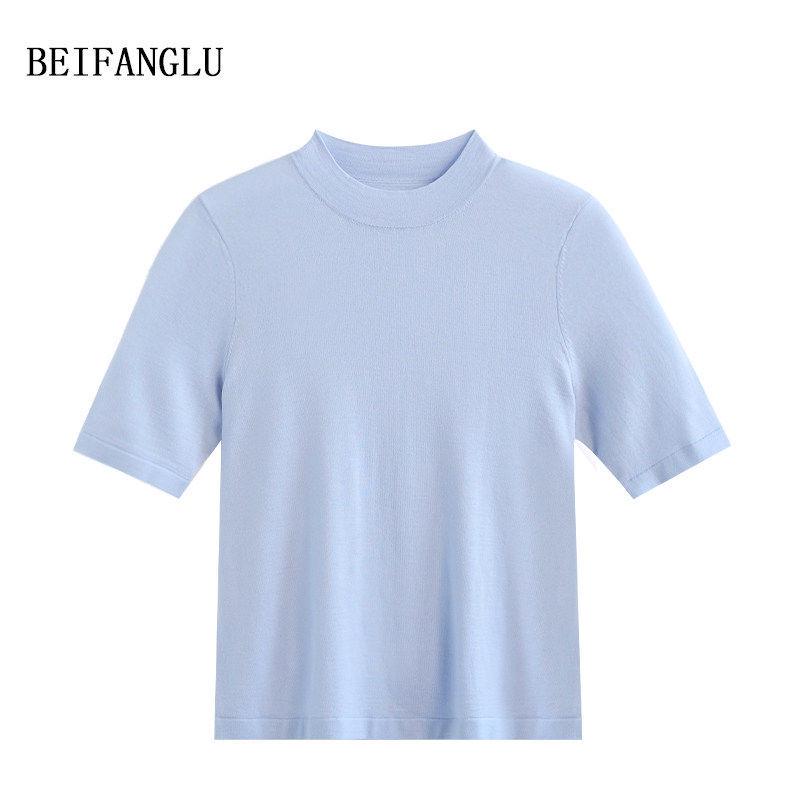 Northern Deer Women's Fine Wool Knit Short Sleeve T-Shirt with Half-High Collar