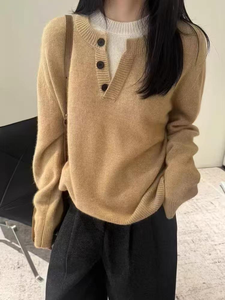 Women's 100% Wool Autumn/Winter Sweater - Two-Piece Look, Half-Open Collar, Loose Fit, Versatile Knitwear for Layering