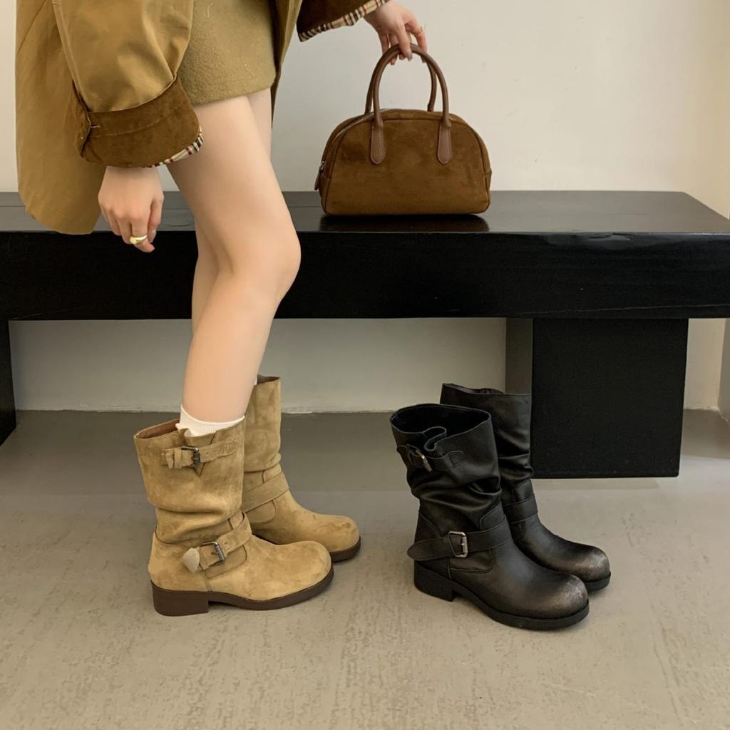 2025 Autumn and Winter Round Head Martin Boots Women's Spice Girls Medium Tube Belt Buckle Retro Maillard Cowboy Boots Short Boots Women