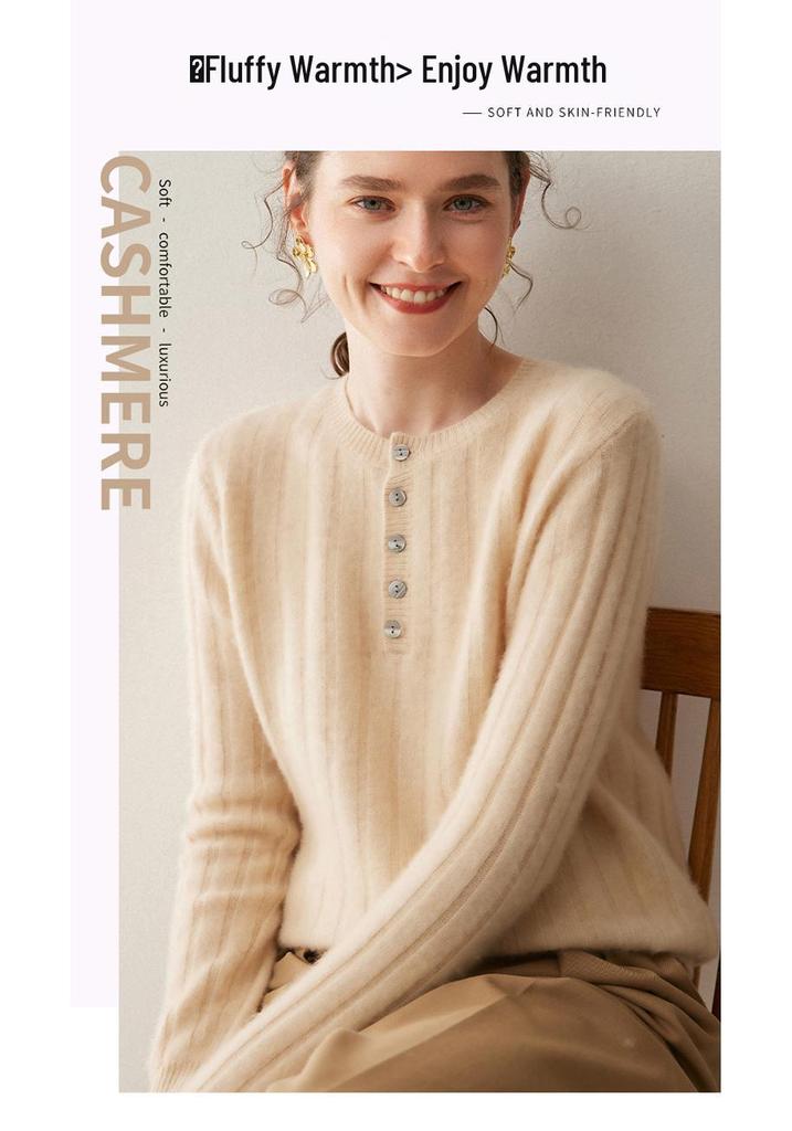 Autumn/Winter 2025 Women's Cashmere Round Neck Sweater with Buttons, Vertical Rib Knit, Gentle Style, Loose Fit.