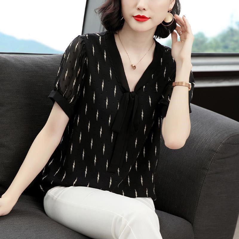 

Женская блузка из кружева и шифона больших размеров - Короткий рукав, Прикрывающая живот, Мода лето 2024 2XL [Recommended 116-125 lbs]