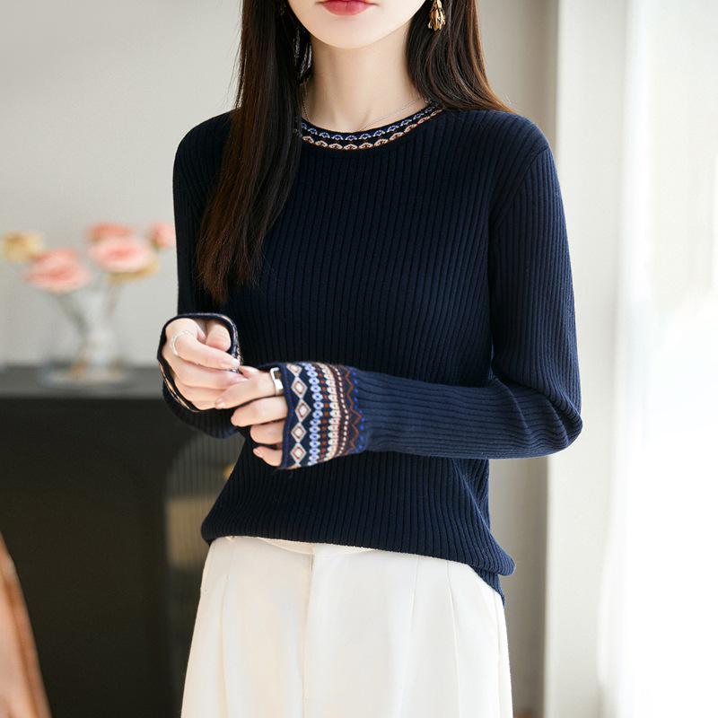 Women's Ethnic Style Knitted Sweater - Autumn/Winter Ribbed, Slimming, Round Neck Base Layer