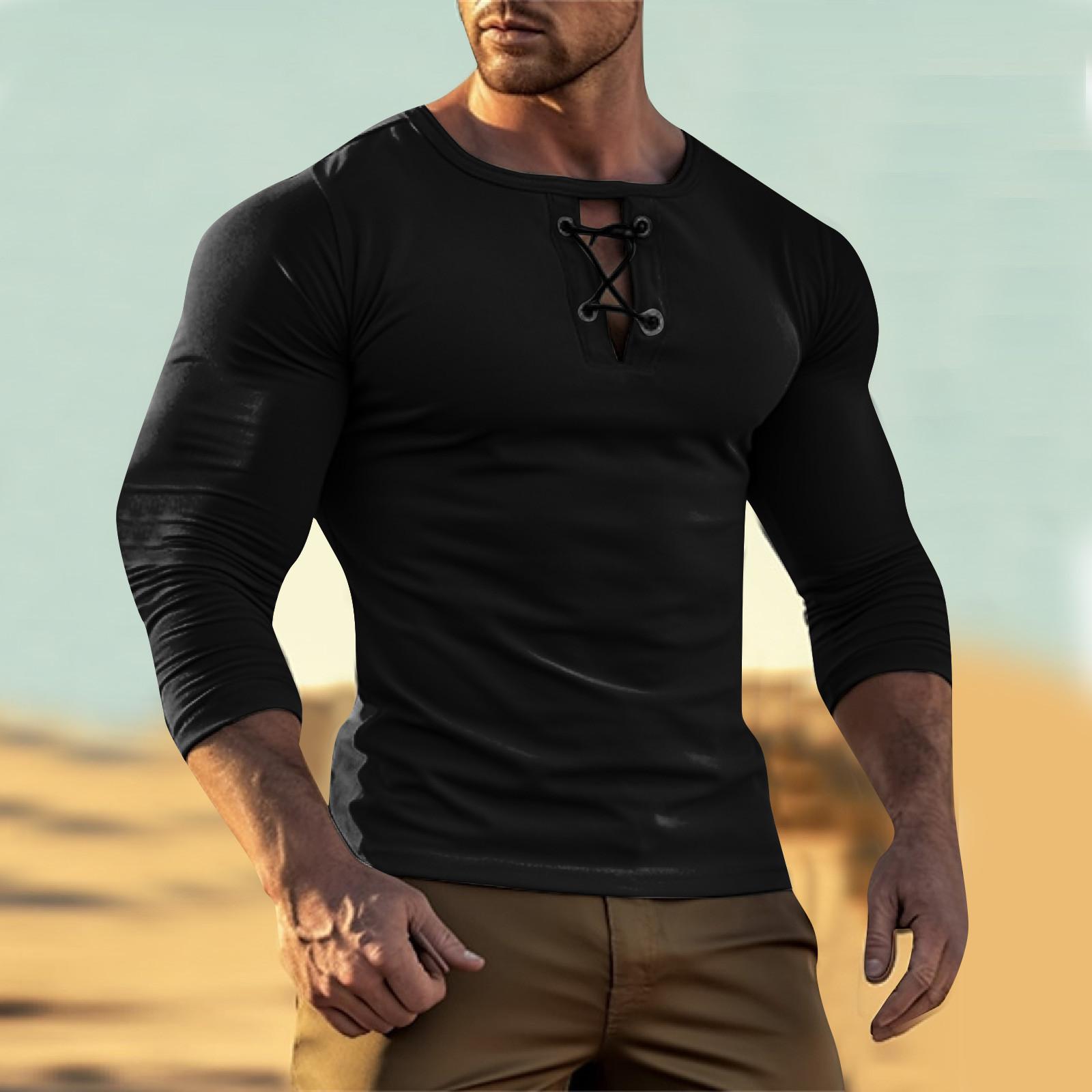 

Мужская уличная ретро-круглая шея на пуговицах с длинными рукавами модная спортивная футболка M чёрный