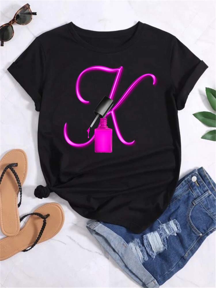 Maycaur Custom Name Letter Combination Fashion Women T-shirt Nail Polish Letter Font A B C D E F G Short Sleeve Tops Female Tees