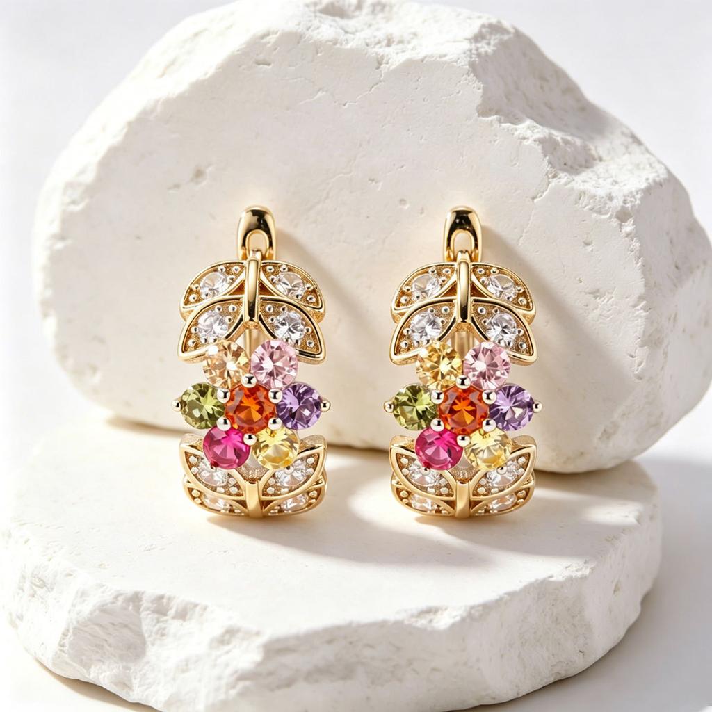 Geometric Leaf Colorful Rhinestone Stud Earrings European Niche Light Luxury All-Match Temperament Ladies Daily Pierced Jewelry