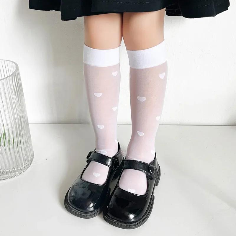 1 Pair Sweet Kids Girls Calf Sock Fashion Bowknot Heart Style Knee High Sock for Toddler Summer Thin Soft Elastic Sock One Size