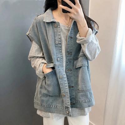 Sleeveless Denim Vest Women's Autumn Hundred Loose Western Line Solid Color Horse Jacket Cardigan Jacket