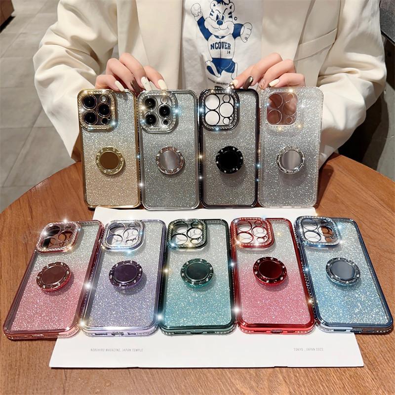 Gradient Glitter Ring Holder Phone Case For Iphone 14 13 12 11 Pro Max Xs Max Xr 14plus Shining Plating Cover Shockproof Clear