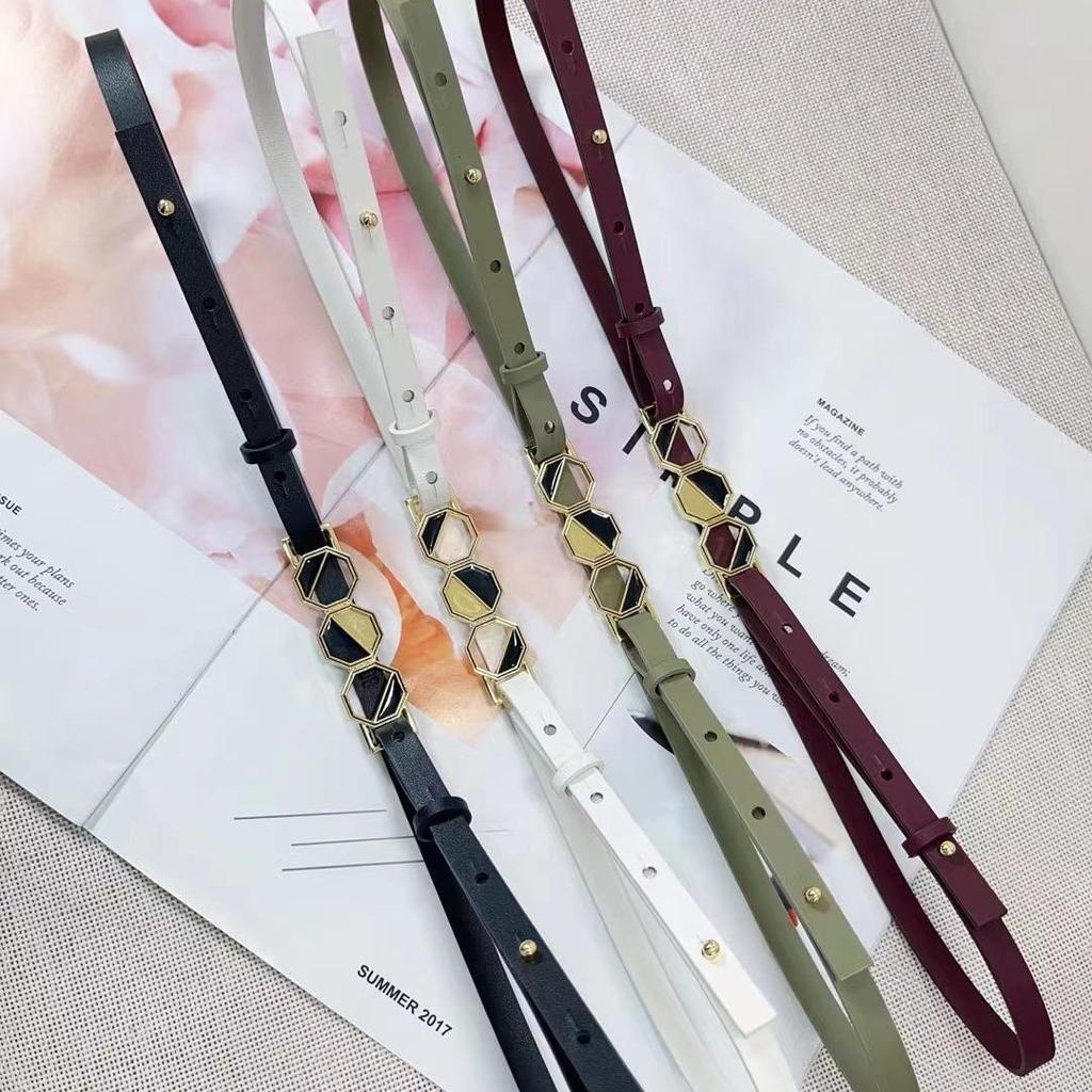 Genuine Leather Geometric Buckle Thin Waist Belt for Women