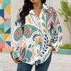 Women Plus Size Collared Long Sleeve Printed Red Floral Button Front Shirt Curved Hem