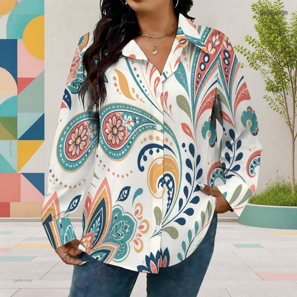 Women Plus Size Collared Long Sleeve Printed Red Floral Button Front Shirt Curved Hem