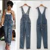 Lässige Streetwear Loch Denim Jumpsuits Damen Locker Latzhose Tasche Lange Hosen Taille Gerade Jeans Overalls