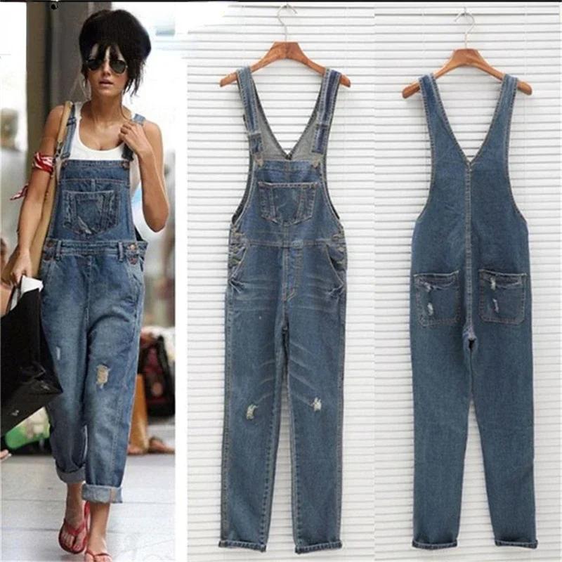 Lässige Streetwear Loch Denim Jumpsuits Damen Locker Latzhose Tasche Lange Hosen Taille Gerade Jeans Overalls