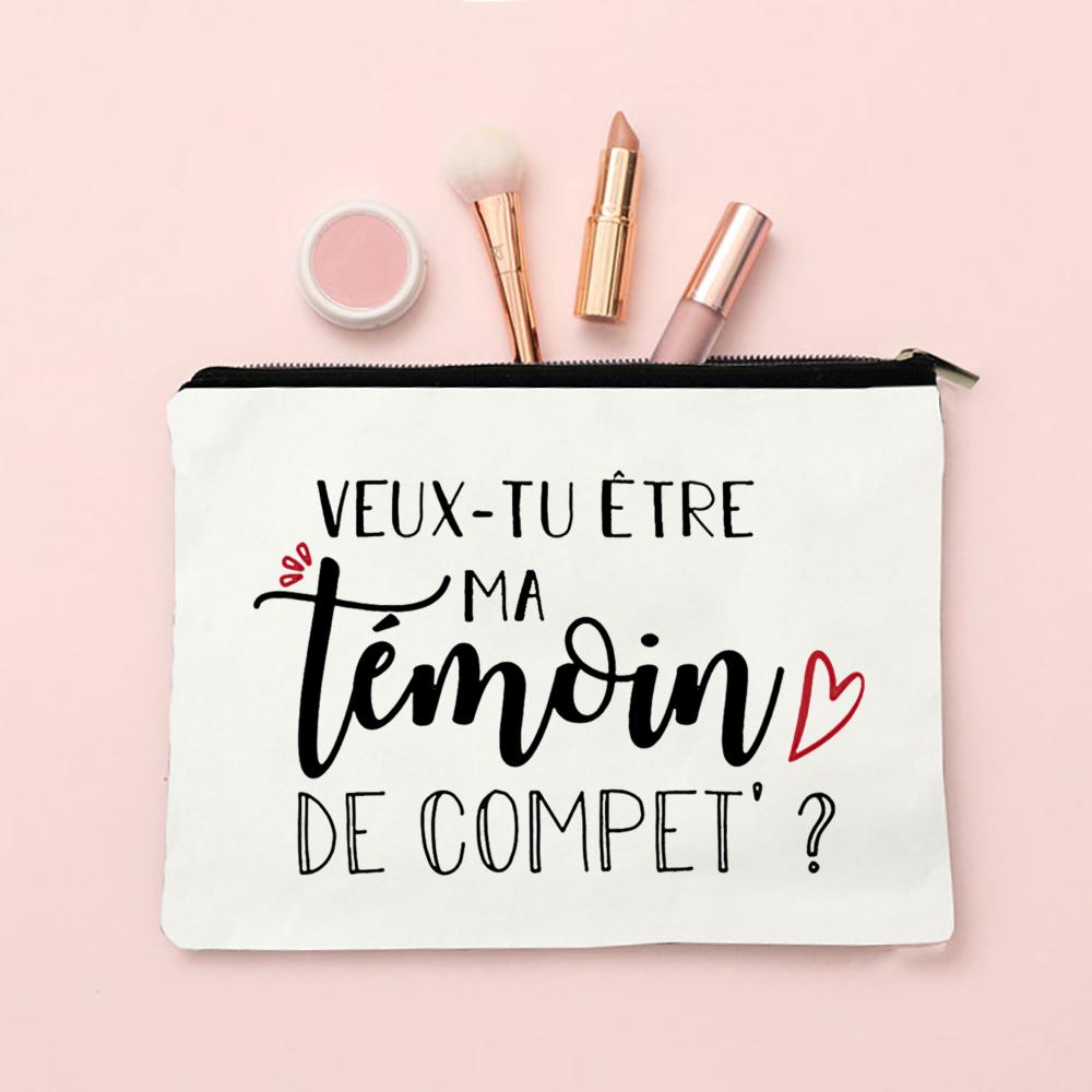 Do You Want To Be My Witness French Print Makeup Bag Female Neceser Toiletry Storage Linen Zipper Bags Wedding Gift for Witness