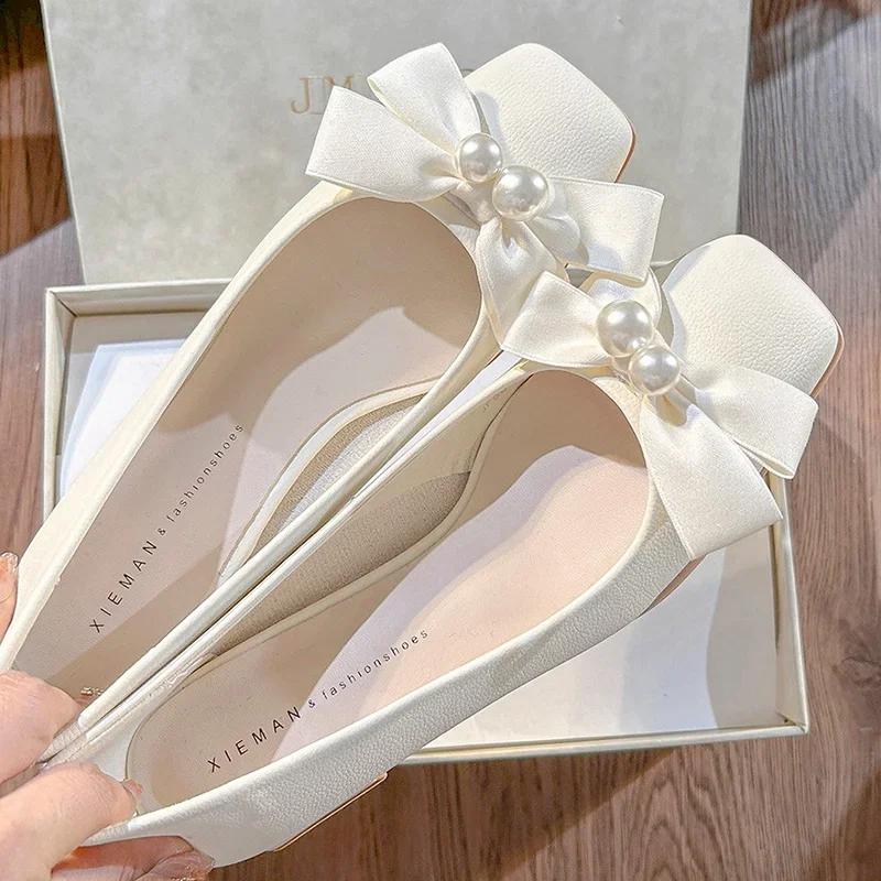 Pearl Bow Women High Heels Shoes Square Toe Heeled Sandals Summer 2025 New Elegant Chunky Shoes Woman Pumps Brand Mujer Zapatos