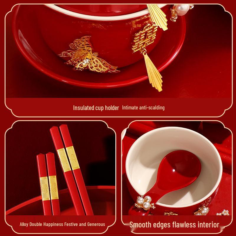 Double Happiness Butterfly Love Teacup Set: Wedding Bowls, Red Tea Set, Chopstick Pair, Dowry Gift