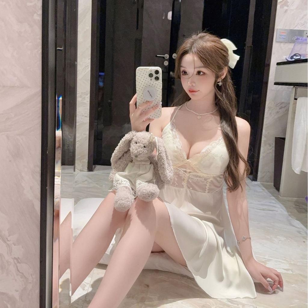 Sexy Pyjama Damen Neu Eis Seide Reiner Begehren Stil Schöner Rücken Spitze Sommer Dünn Träger Nachthemd