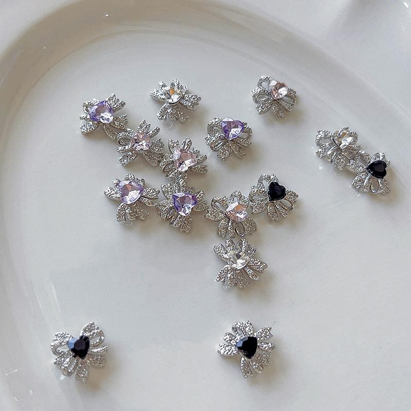5Pcs Bows Heart Diamond Nail Art Charm 3D Alloy Bow Heart Nail Decoration Diy  Nail Accessories
