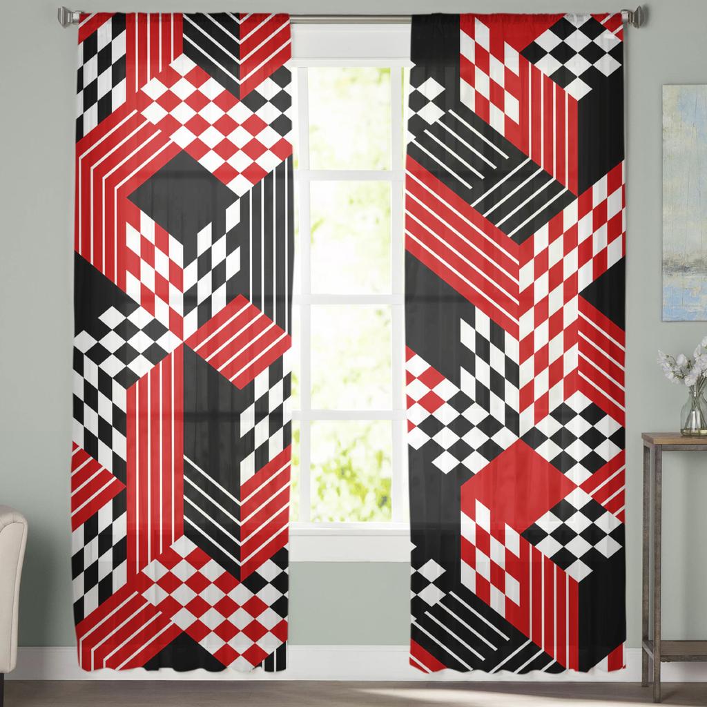 Red Black Geometric Abstrac Middle Ages Voile Sheer Curtains Living Room Window Tulle Curtain Kitchen Bedroom Drapes Home Decor