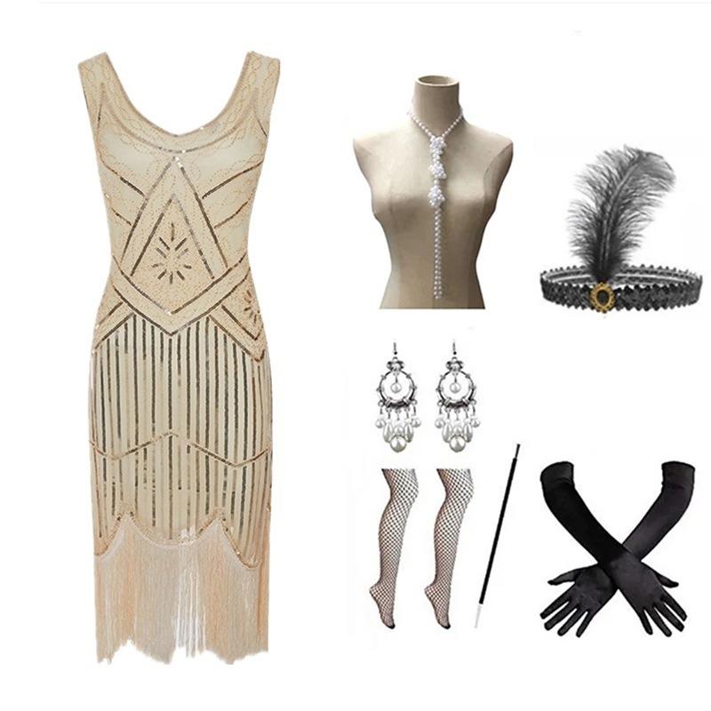 1920er Gatsby Pailletten Fransen Paisley Flapper Kleid Mit 20er Jahre Accessoires Set Vintage Gatsby Kleid Für Damen