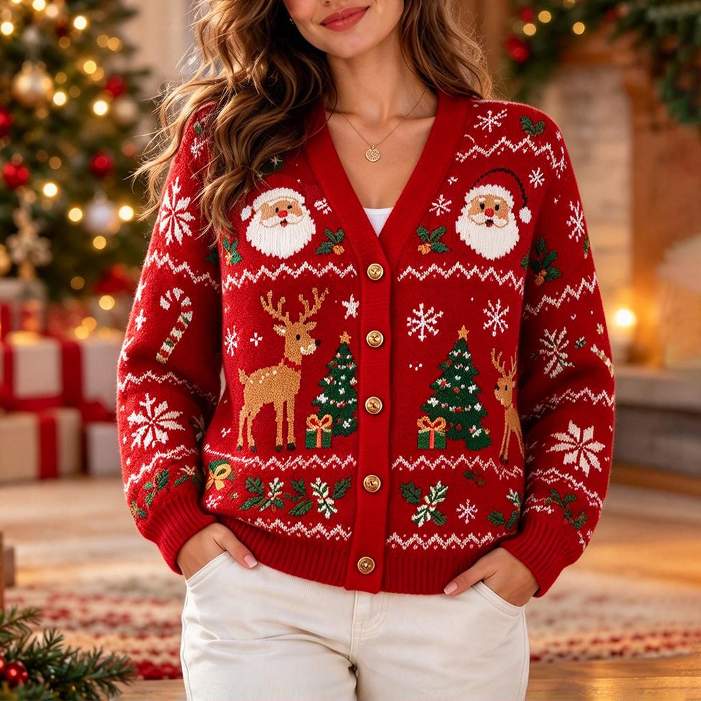 Christmas Pattern Knit Cardigan Sweater for Holiday Party and Daily Wear