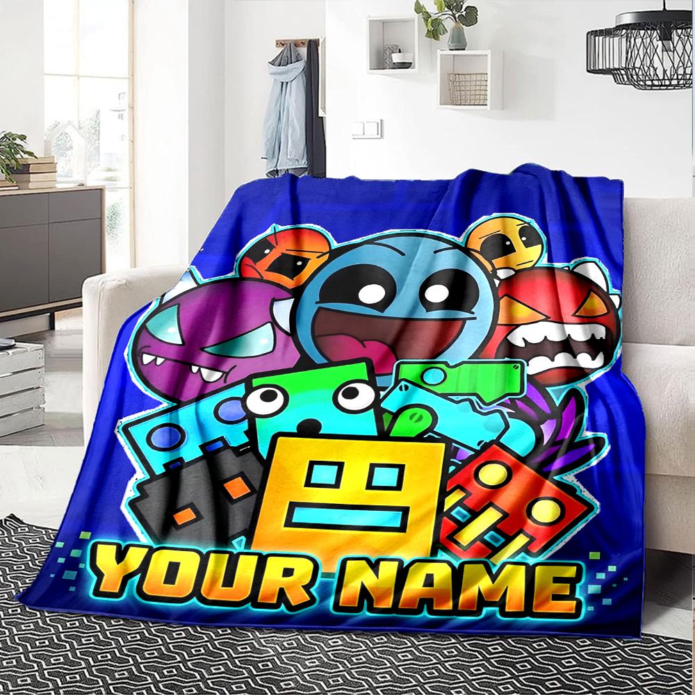 1pc Geometry Dash Blanket with Custom Name, Gift, for Men and Women, Soft Blanket, Good for Sofa Bed Couch Travel, Lightweight Flannel Blanket