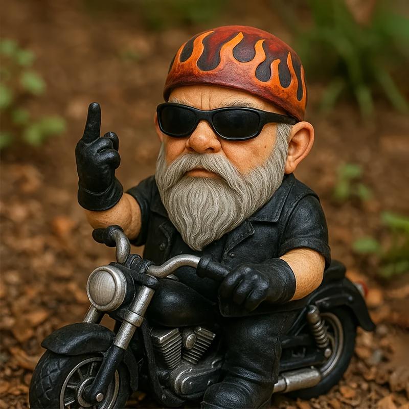 1pc Motorcycle Riding Garden Gnome Statue with Flame Helmet & Peace Sign - Resin Outdoor/Indoor Lawn Ornament, Humorous for home, Tabletop