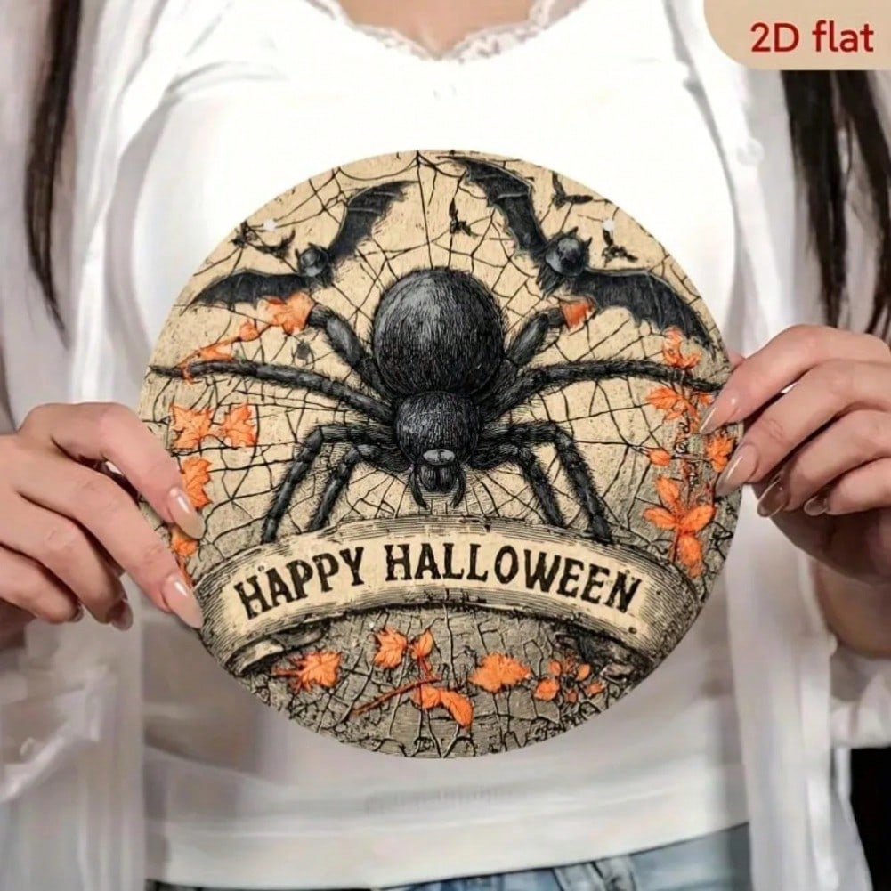 Iron Spider Web Wall Art with Bat Pumpkin Halloween Decor Metal Sign