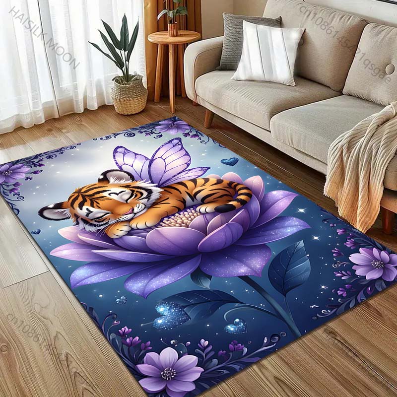 Multiple sizes Tiger fairy on flower Carpet for Living Room Bedroom Sofa Home Decor Rus Non-slip Floor Mat Luxury Gift