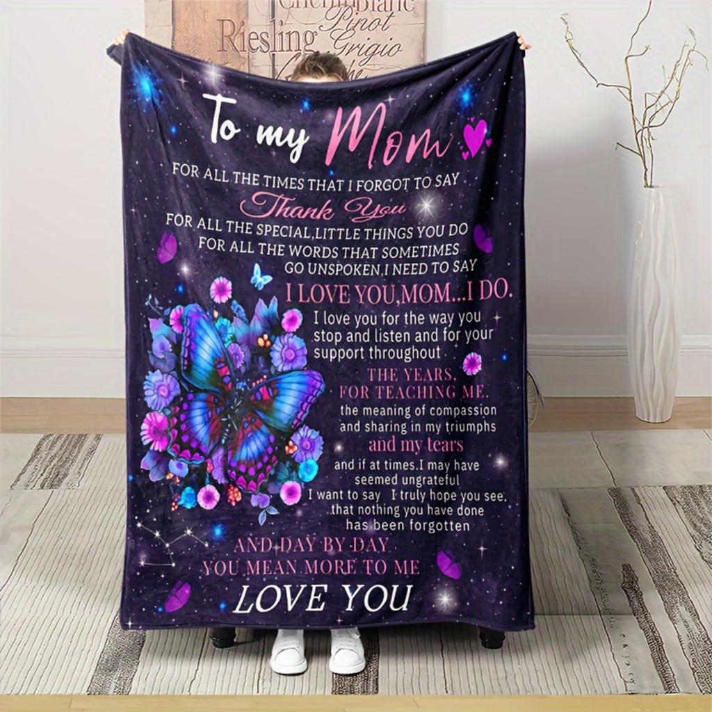 To My Mom Flannel Blanket Purple Butterfly Text Printed for Kids Bedroom Decoration Warm Soft Comfertable Blanket for Sofa Chair