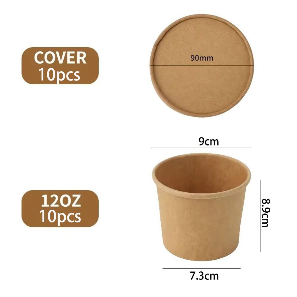 10PCS Disposable Takeaway Packing Boxes with Lid Round Paper Soup Bucket Kraft Paper Lunch Box