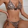 Skinny halter new bikini split drawstring strap sexy leopard print swimsuit women's